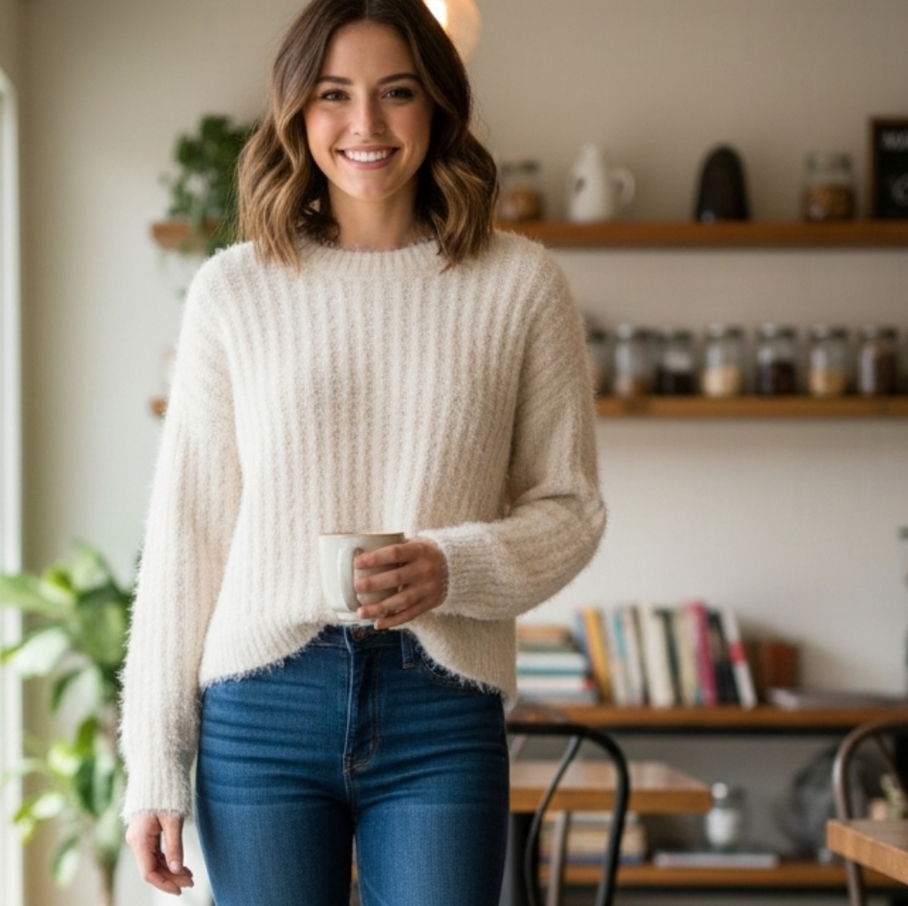Universal Thread Cream Ribbed Sweater with Blue Jeans